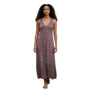 Erika Vintage Burgundy Floral Maxi Dress V-Neck Lace Up Back Small